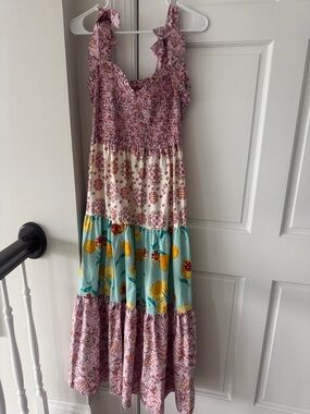 Tiered Floral Maxi Sundress in Pink, Cream & Teal